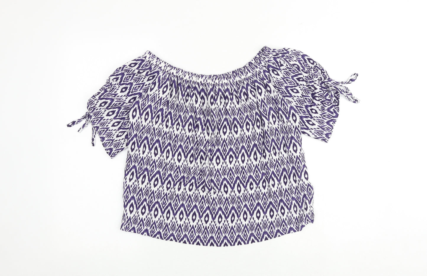 NEXT Womens Blue Geometric Viscose Basic Blouse Size 8 Off the Shoulder - Tie Sleeve Detail