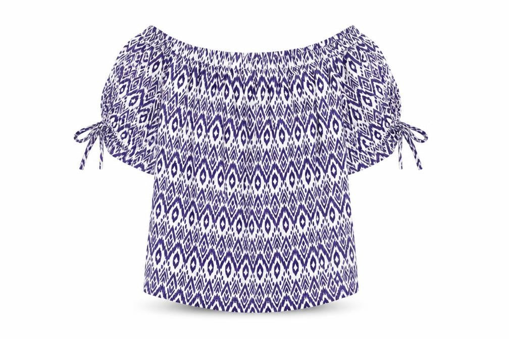 Front view of Next women’s blue geometric viscose basic blouse, size UK 8, off the shoulder - tie sleeve detail