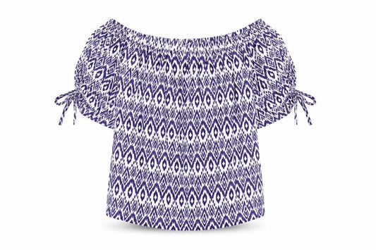 Front view of Next women’s blue geometric viscose basic blouse, size UK 8, off the shoulder - tie sleeve detail