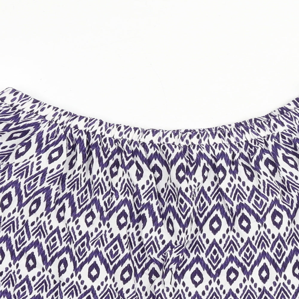 NEXT Womens Blue Geometric Viscose Basic Blouse Size 8 Off the Shoulder - Tie Sleeve Detail