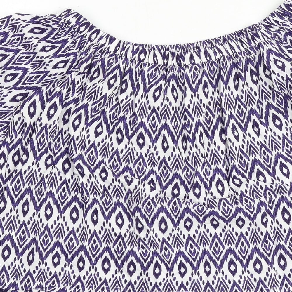 NEXT Womens Blue Geometric Viscose Basic Blouse Size 8 Off the Shoulder - Tie Sleeve Detail