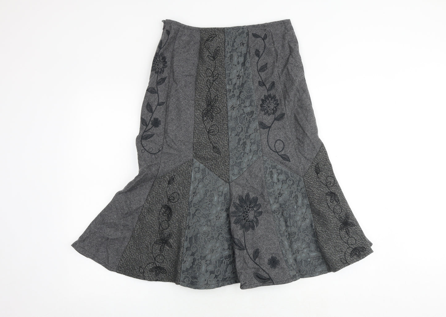 Per Una Womens Grey Floral Viscose Swing Skirt Size 8 Zip