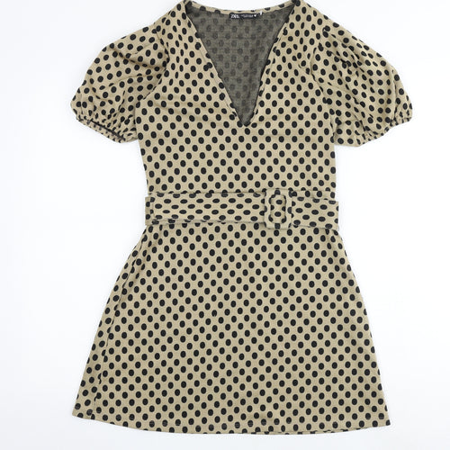 Zara Womens Brown Polka Dot Polyester A-Line Size S V-Neck Buckle