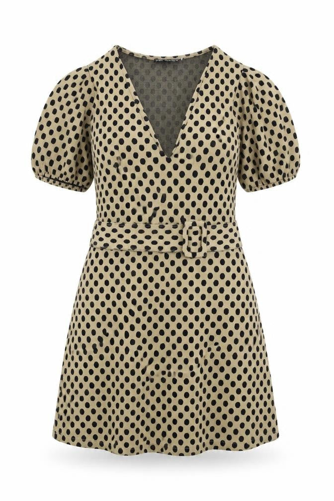 Front view of Zara women’s brown polka dot polyester a-line, size S, v-neck buckle