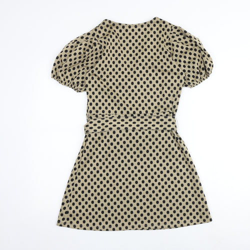 Zara Womens Brown Polka Dot Polyester A-Line Size S V-Neck Buckle