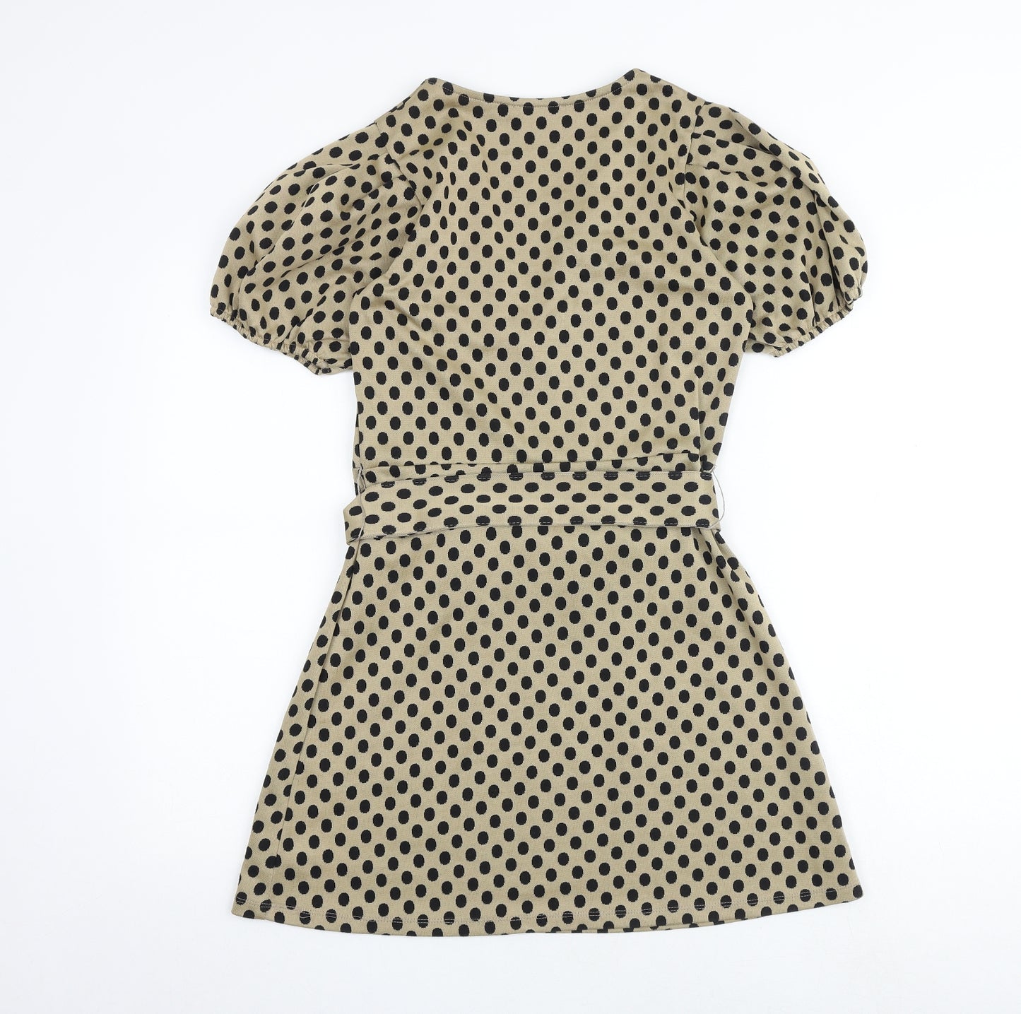 Zara Womens Brown Polka Dot Polyester A-Line Size S V-Neck Buckle
