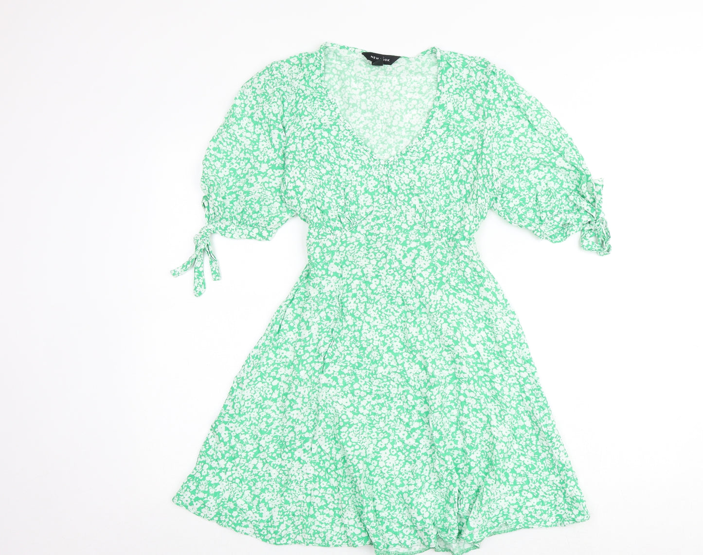 New Look Womens Green Floral Viscose A-Line Size 10 V-Neck Tie