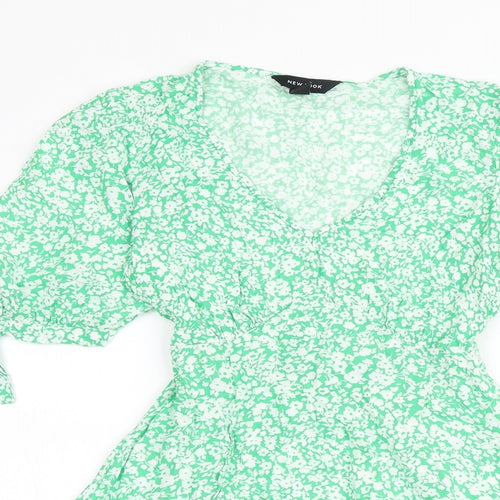 New Look Womens Green Floral Viscose A-Line Size 10 V-Neck Tie