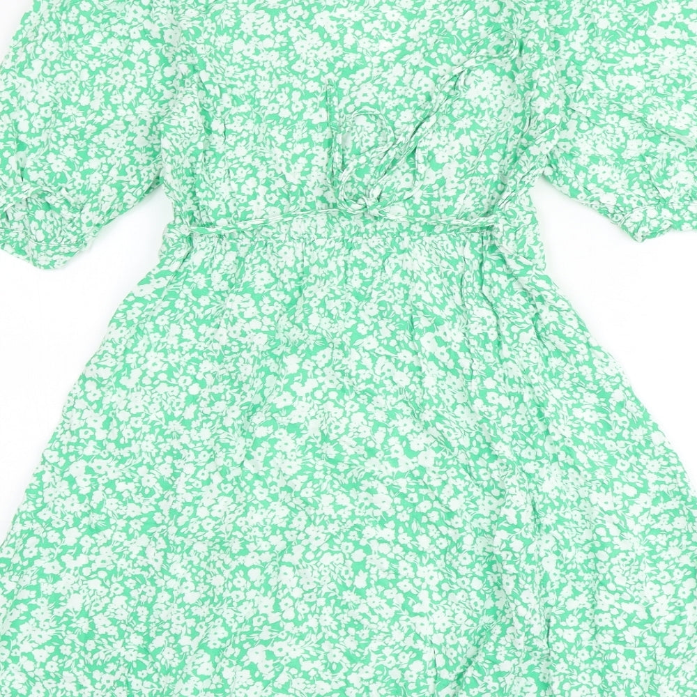 New Look Womens Green Floral Viscose A-Line Size 10 V-Neck Tie