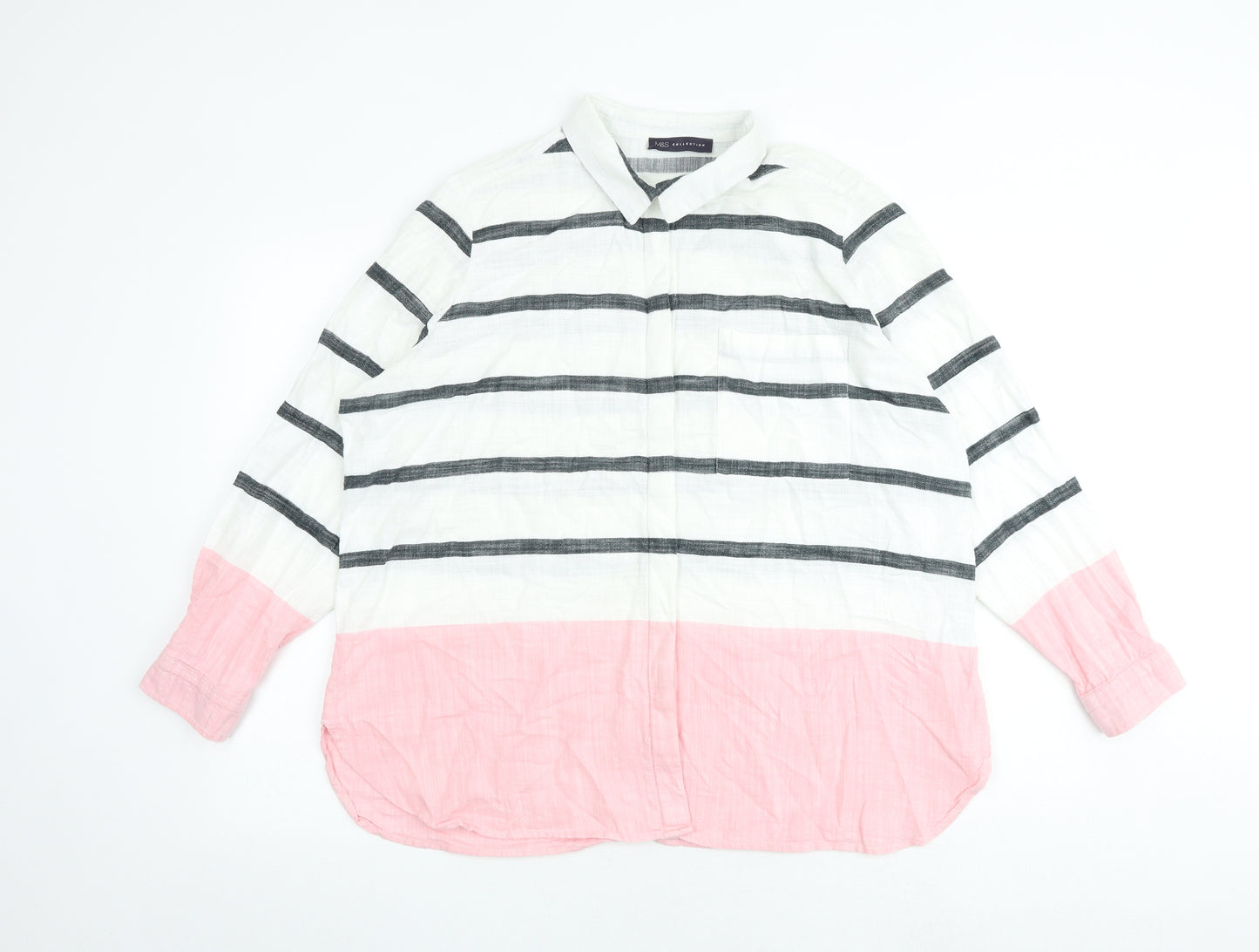 Marks and Spencer Womens Multicoloured Striped 100% Cotton Basic Button-Up Size 22 Collared