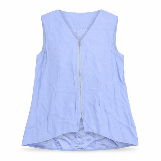 Front view of Phase Eight women’s blue viscose basic blouse, size UK 10, v-neck