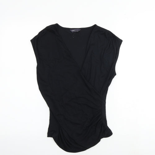 Marks and Spencer Womens Black Polyester Basic Blouse Size 8 V-Neck - Wrap Style Ruched