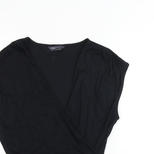 Marks and Spencer Womens Black Polyester Basic Blouse Size 8 V-Neck - Wrap Style Ruched
