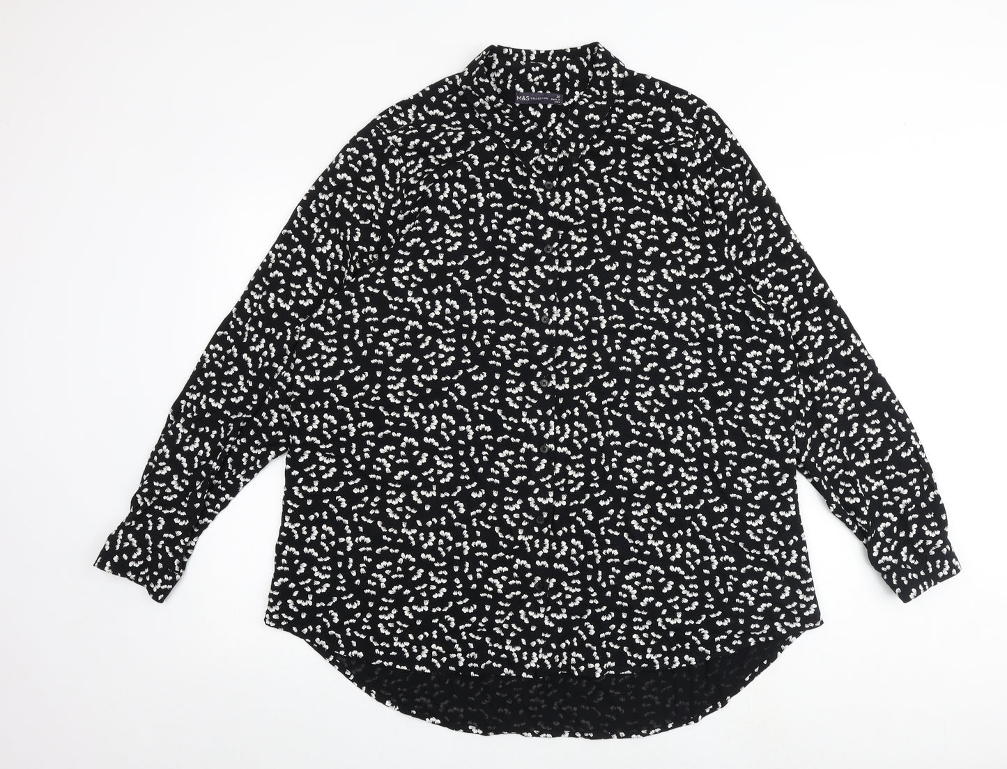 Marks and Spencer Womens Black Geometric Viscose Basic Button-Up Size 20 Collared