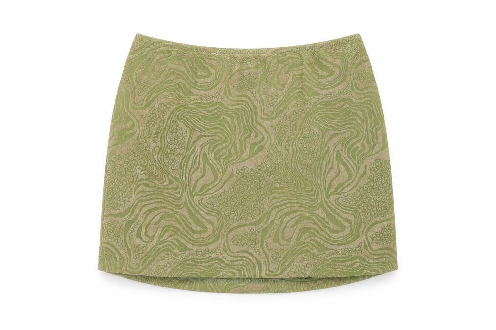 Front view of Motel Rocks women’s multicoloured geometric polyester mini skirt, size S