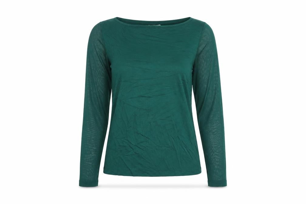 Front view of Warehouse women’s green polyester basic t-shirt, size UK 6, boat neck - mesh sleeves
