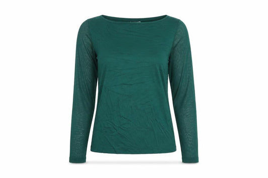 Front view of Warehouse women’s green polyester basic t-shirt, size UK 6, boat neck - mesh sleeves