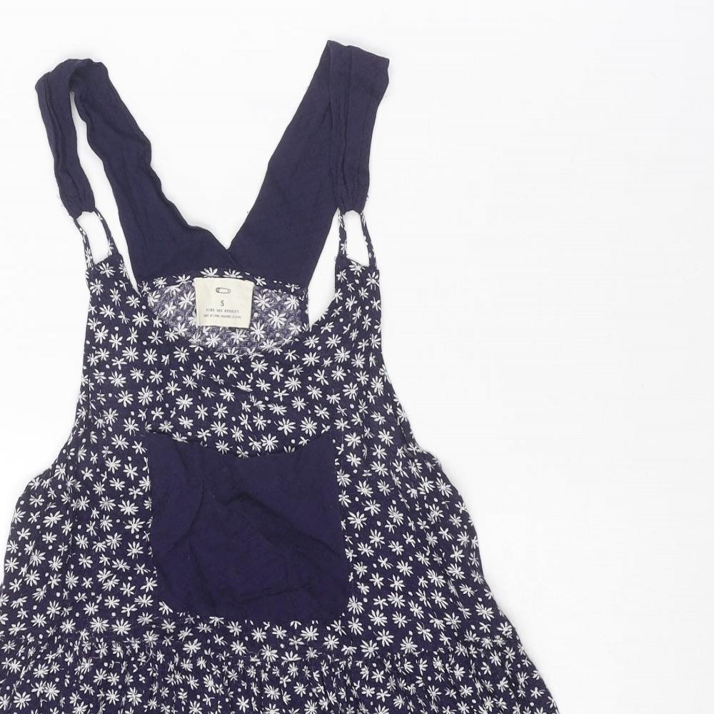 Pins & Needles Womens Blue Floral Viscose Pinafore/Dungaree Dress Size S Round Neck Pullover