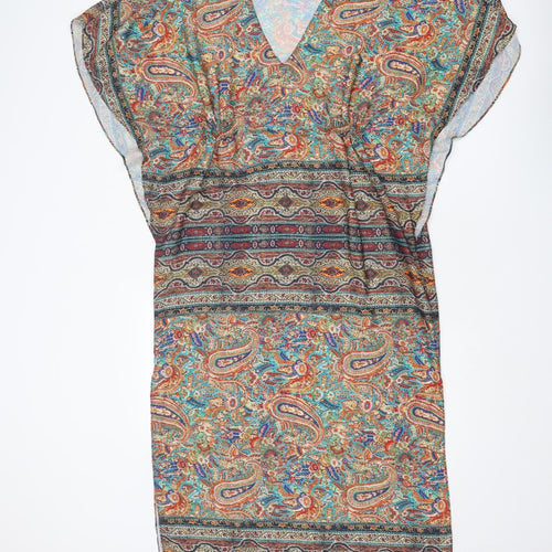 Zara Womens Multicoloured Geometric Polyester A-Line Size M V-Neck Pullover