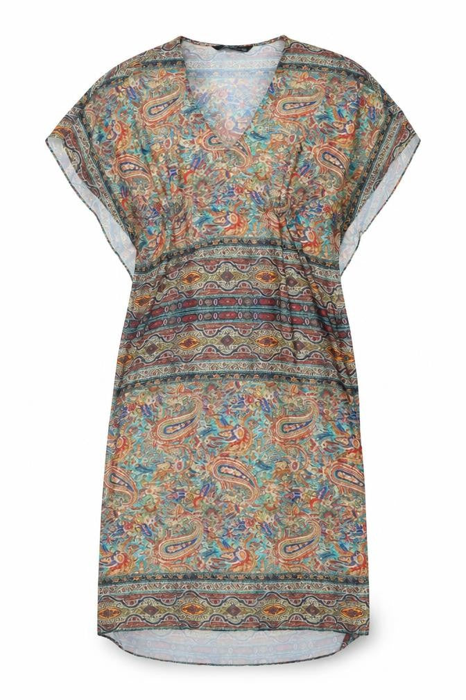Front view of Zara women’s multicoloured geometric polyester a-line, size M, v-neck pullover