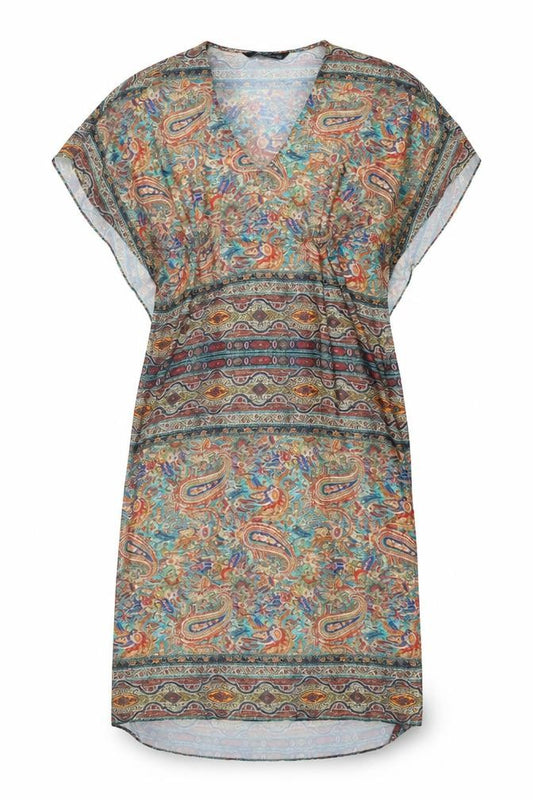 Front view of Zara women’s multicoloured geometric polyester a-line, size M, v-neck pullover