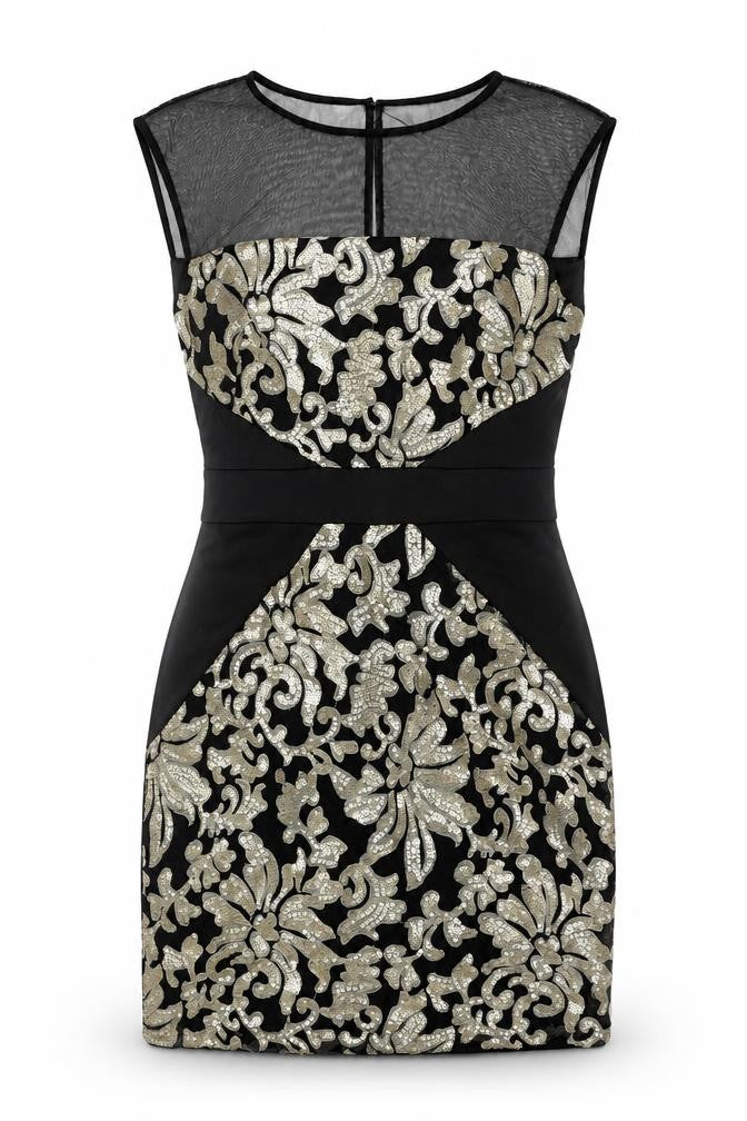 Front view of SD Collection women’s black geometric polyester bodycon, size UK 10, round neck button