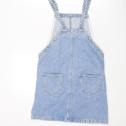 Topshop Womens Blue Cotton Pinafore/Dungaree Dress Size 6 Square Neck Pullover