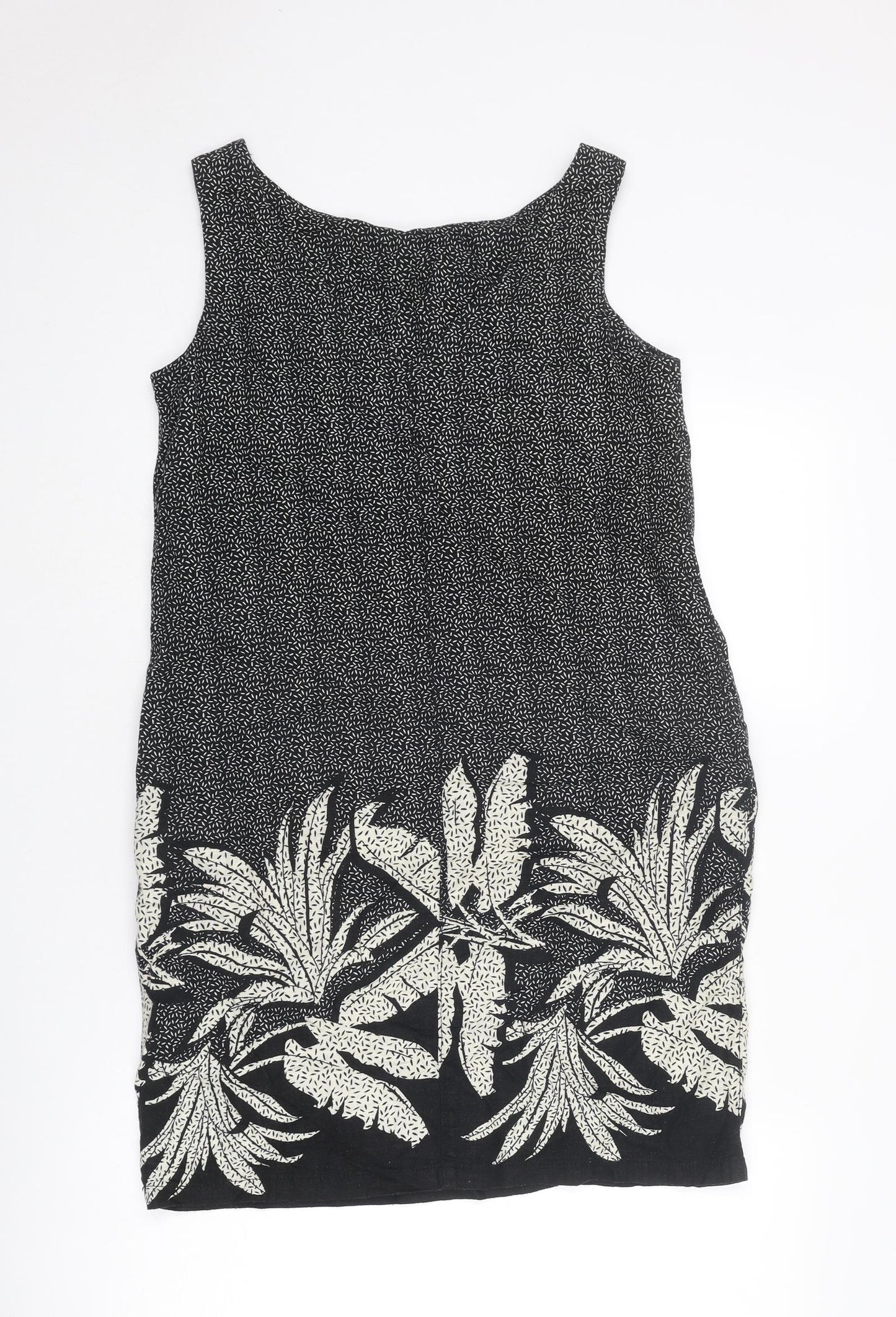 NEXT Womens Black Geometric Linen A-Line Size 10 Boat Neck Pullover - Leaf pattern