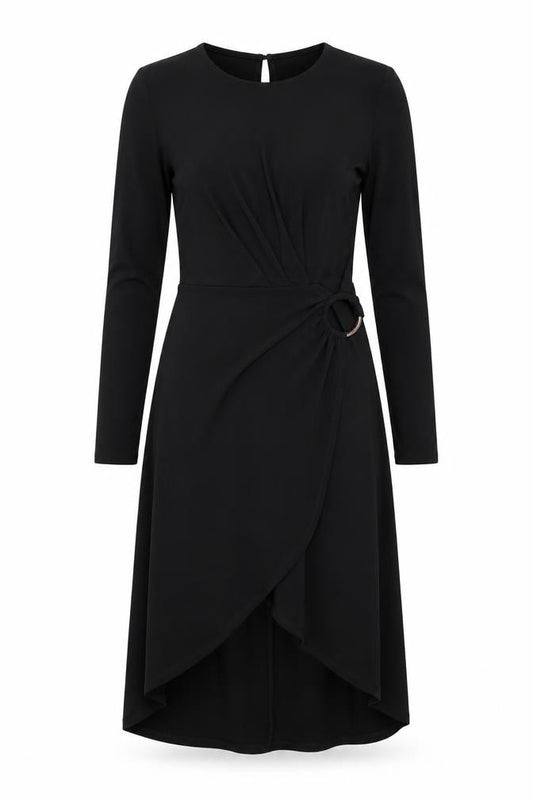 Front view of Warehouse women’s black polyester a-line, size UK 8, round neck button