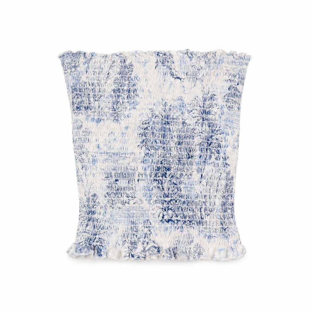 Front view of H&M women’s blue geometric cotton basic tank, size XS, off the shoulder - palm tree