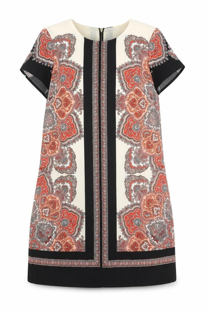 Front view of Oasis women’s multicoloured geometric polyester a-line, size UK 12, round neck zip
