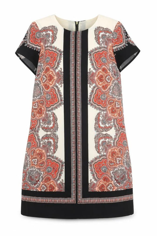 Front view of Oasis women’s multicoloured geometric polyester a-line, size UK 12, round neck zip
