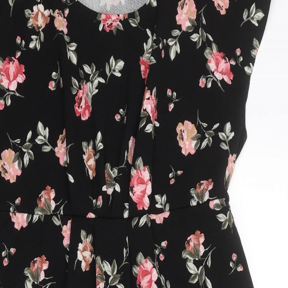 New Look Womens Black Floral Polyester A-Line Size 14 Round Neck Pullover