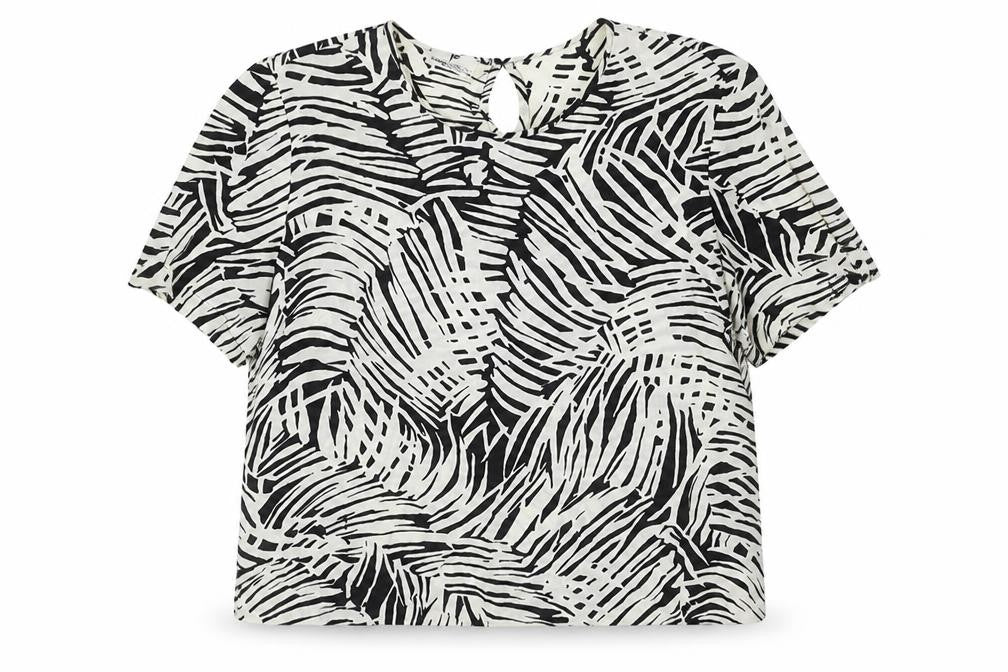 Front view of Frank Walder women’s ivory geometric viscose basic blouse, size UK 12, round neck