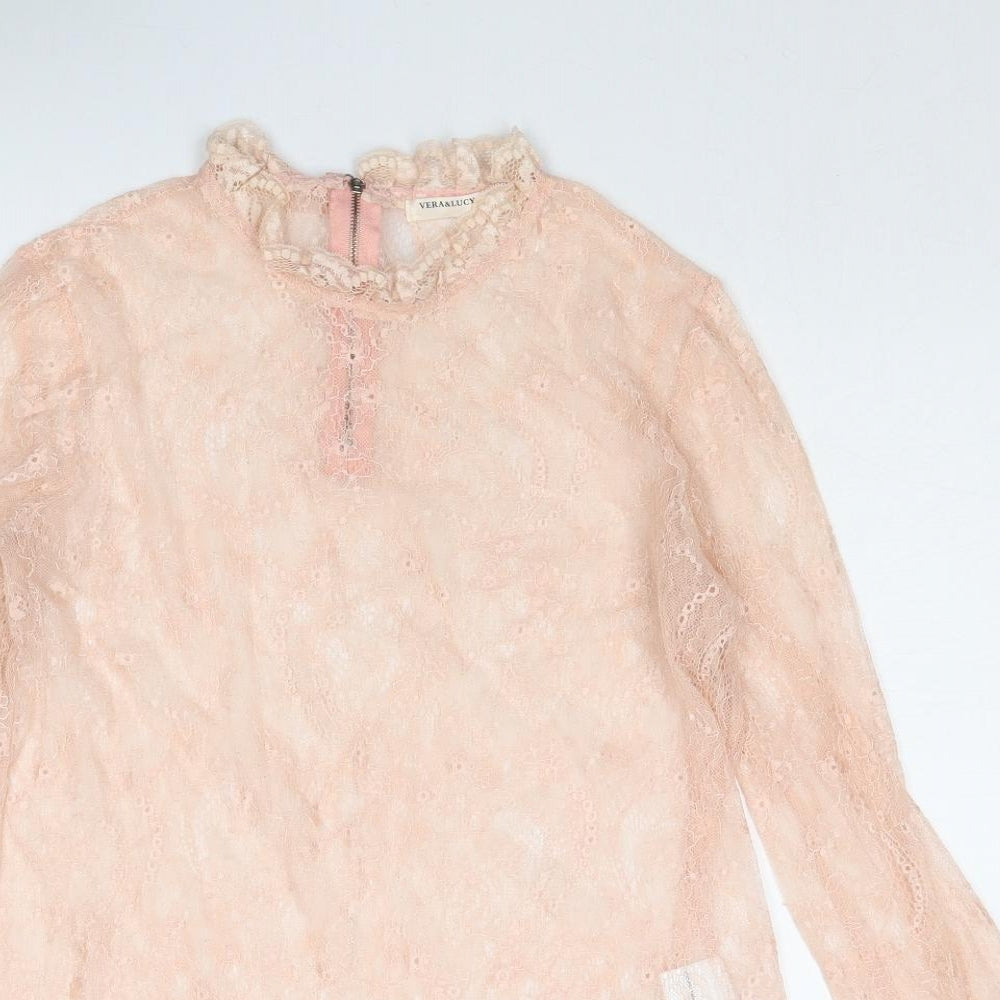 Vera & Lucy Womens Pink Polyamide Basic Blouse Size L Mock Neck