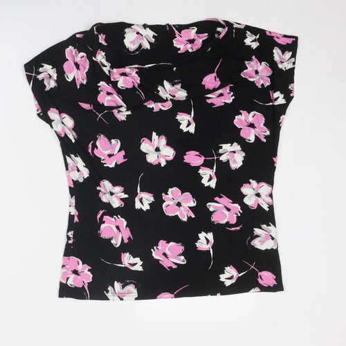 Debenhams Womens Black Floral Viscose Basic T-Shirt Size 14 Boat Neck
