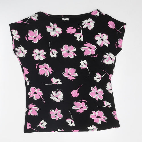 Debenhams Womens Black Floral Viscose Basic T-Shirt Size 14 Boat Neck