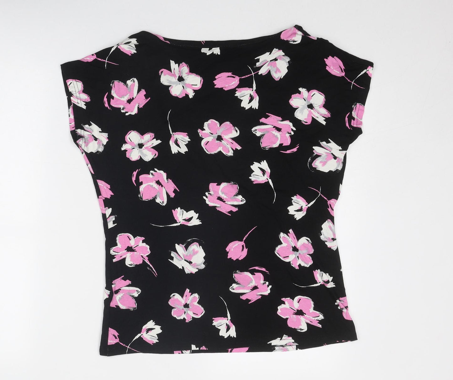 Debenhams Womens Black Floral Viscose Basic T-Shirt Size 14 Boat Neck