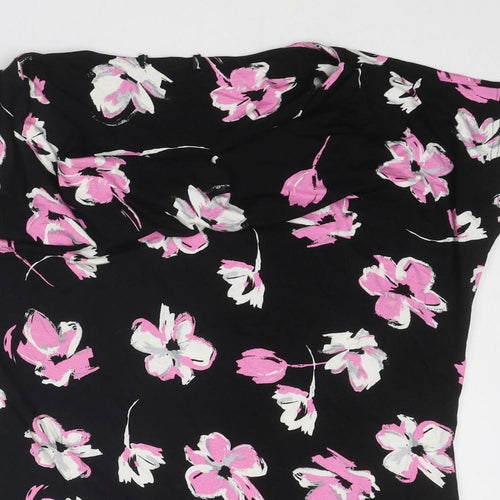Debenhams Womens Black Floral Viscose Basic T-Shirt Size 14 Boat Neck
