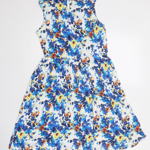 South Womens Blue Floral Viscose Fit & Flare Size 10 Round Neck Button