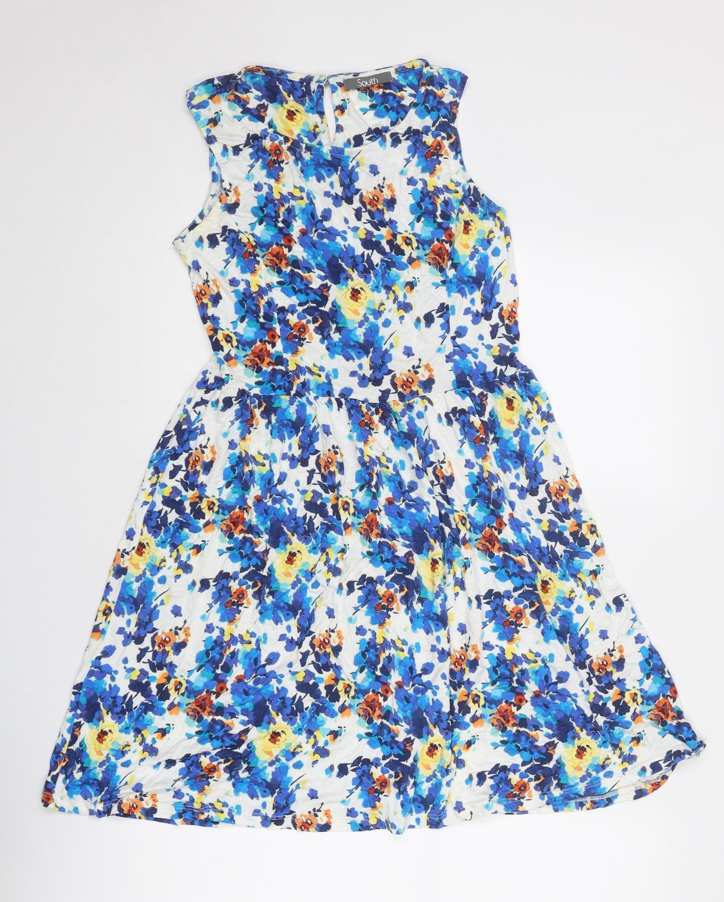 South Womens Blue Floral Viscose Fit & Flare Size 10 Round Neck Button
