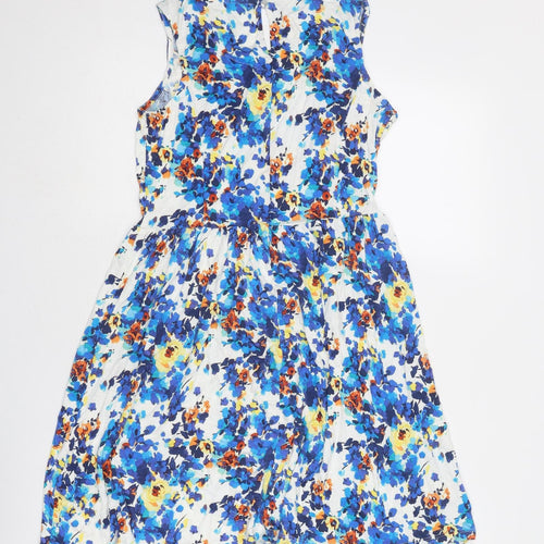 South Womens Blue Floral Viscose Fit & Flare Size 10 Round Neck Button