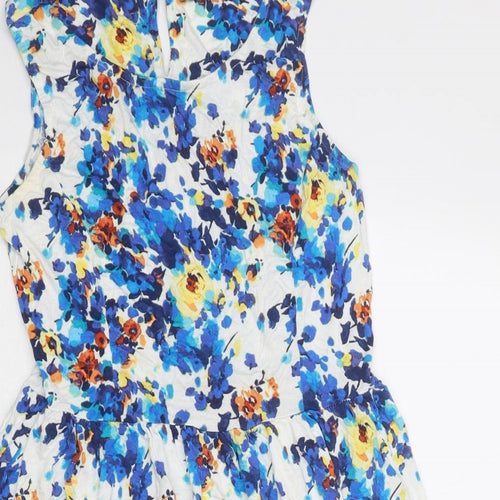 South Womens Blue Floral Viscose Fit & Flare Size 10 Round Neck Button