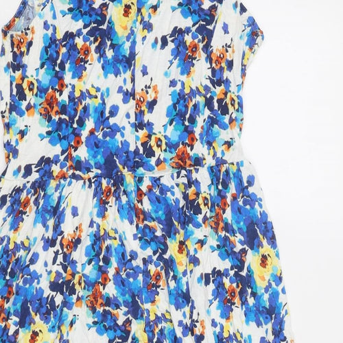 South Womens Blue Floral Viscose Fit & Flare Size 10 Round Neck Button