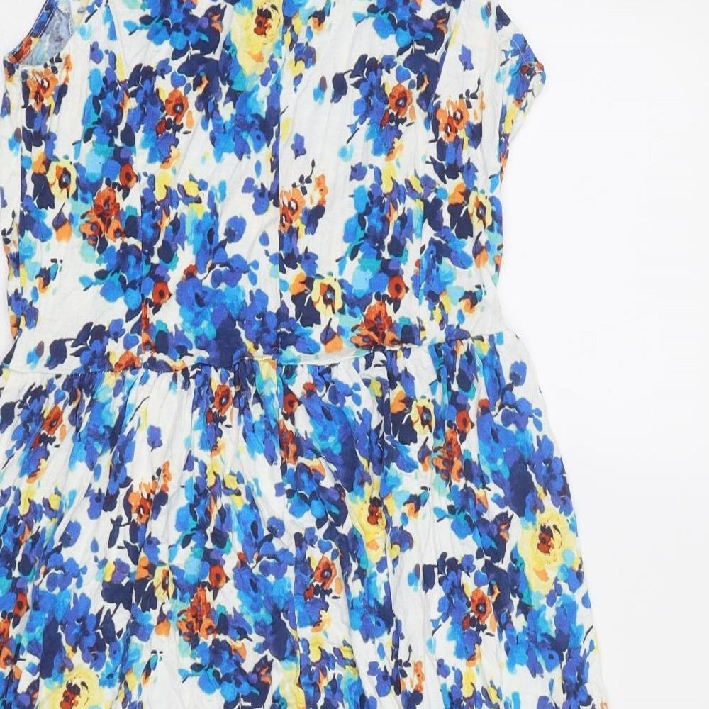 South Womens Blue Floral Viscose Fit & Flare Size 10 Round Neck Button