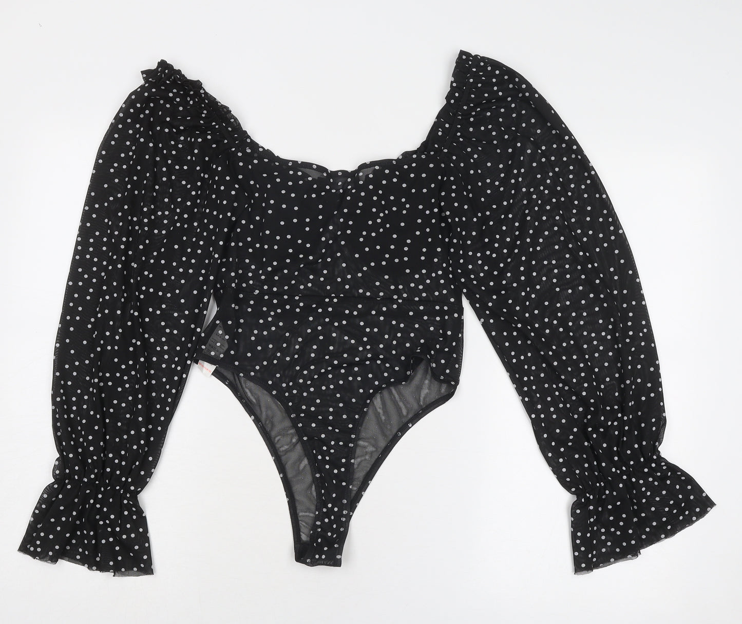 PRETTYLITTLETHING Womens Black Polka Dot Polyester Bodysuit One-Piece Size 10 Snap