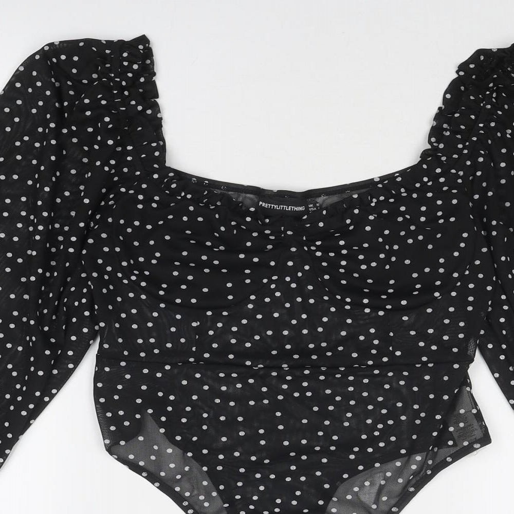 PRETTYLITTLETHING Womens Black Polka Dot Polyester Bodysuit One-Piece Size 10 Snap