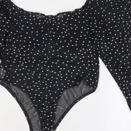 PRETTYLITTLETHING Womens Black Polka Dot Polyester Bodysuit One-Piece Size 10 Snap