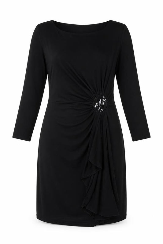 Front view of Debenhams women’s black polyester shift, size UK 10, round neck pullover