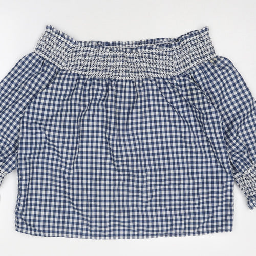 Boohoo Womens Blue Check Polyester Basic Blouse Size 10 Off the Shoulder